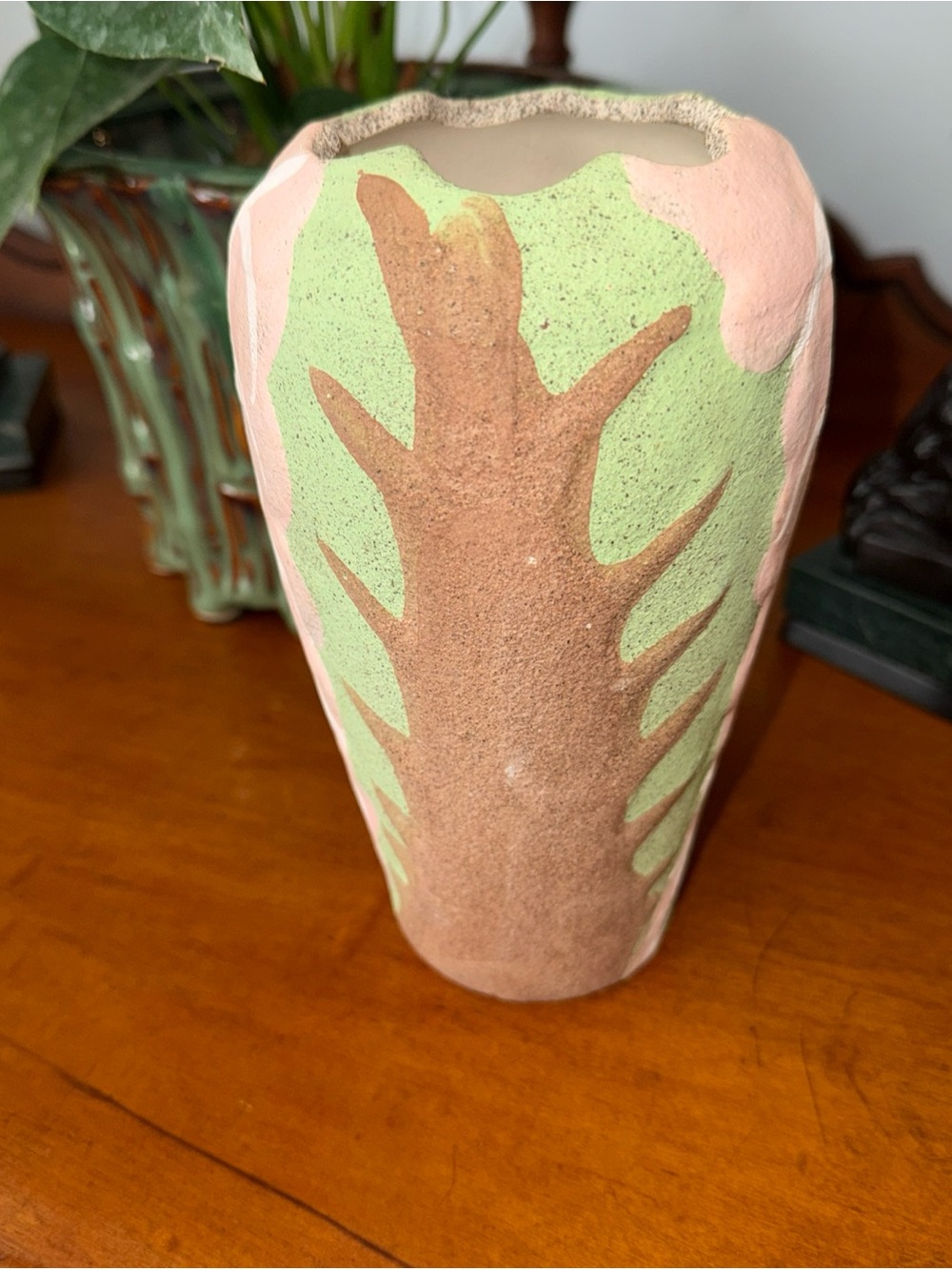 Boho Art Deco MCM Pink, Green & Brown Ceramic Vase